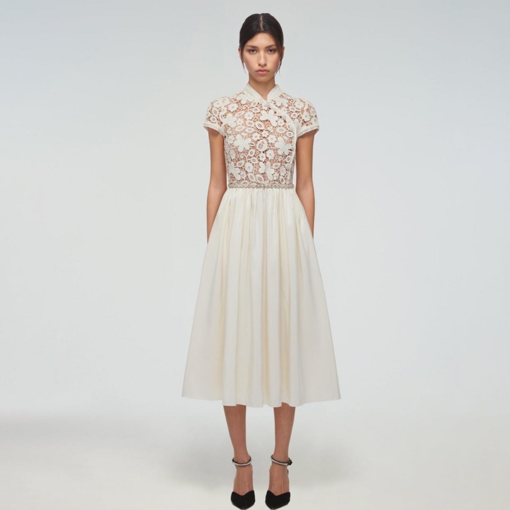 self Portrait Ivory Guipure Lace and Taffeta Midi Dress